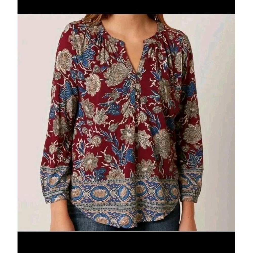 Lucky Brand Maroon Blue Paisley Floral Henley Hi Low Tunic Boho 2X Rexaled Top